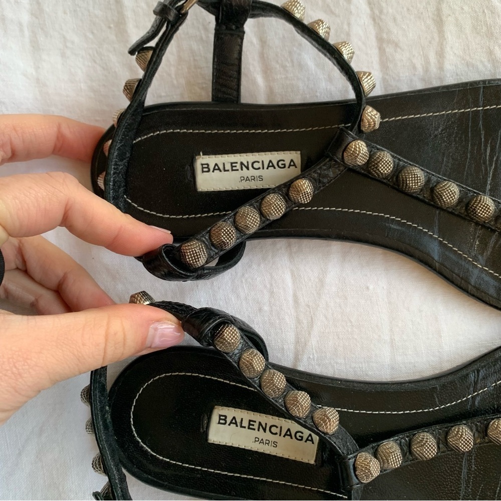 Vintage Balenciaga Arena Silver Stud Leather Thong T Sandals Black - Picture 7 of 10